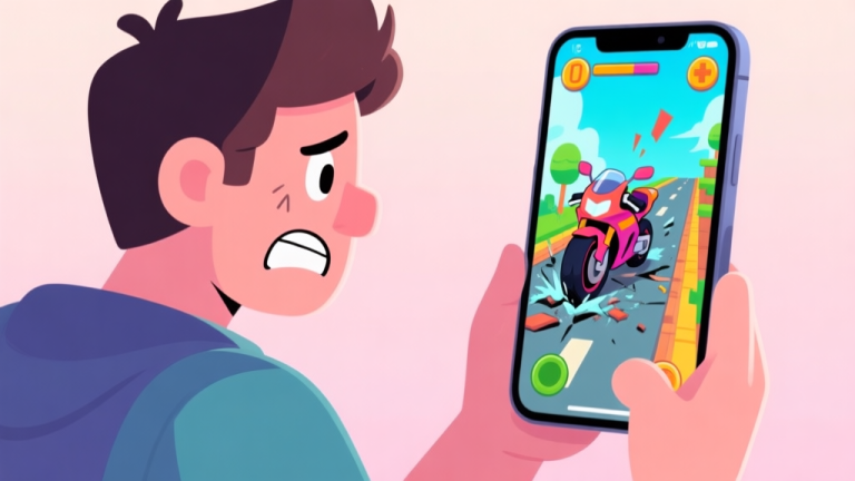 自动生成图片: A frustrated gamer looking at a smartphone screen showing a crashed motorcycle in a colorful 2D side-scrolling game, soft pastel background, cartoon style high quality illustration, detailed, 16:9
