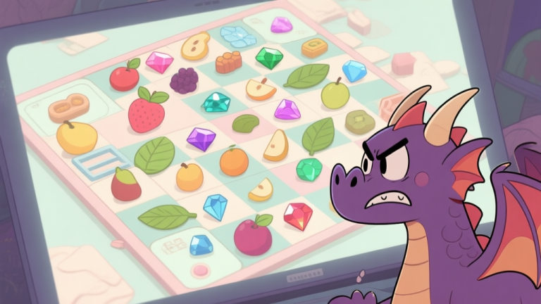 自动生成图片: A cluttered game board in a soft pastel style, filled with various mismatched mergeable objects like fruits, leaves, and gems, with a frustrated cartoon dragon looking at the screen, muted color palette high quality illustration, detailed, 16:9