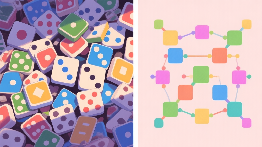 Split-screen illustration showing a chaotic jumble of game tiles on one side and a clear, color-coded pattern of connected tiles on the other, in a soft pastel color palette high quality illustration, detailed, 16:9