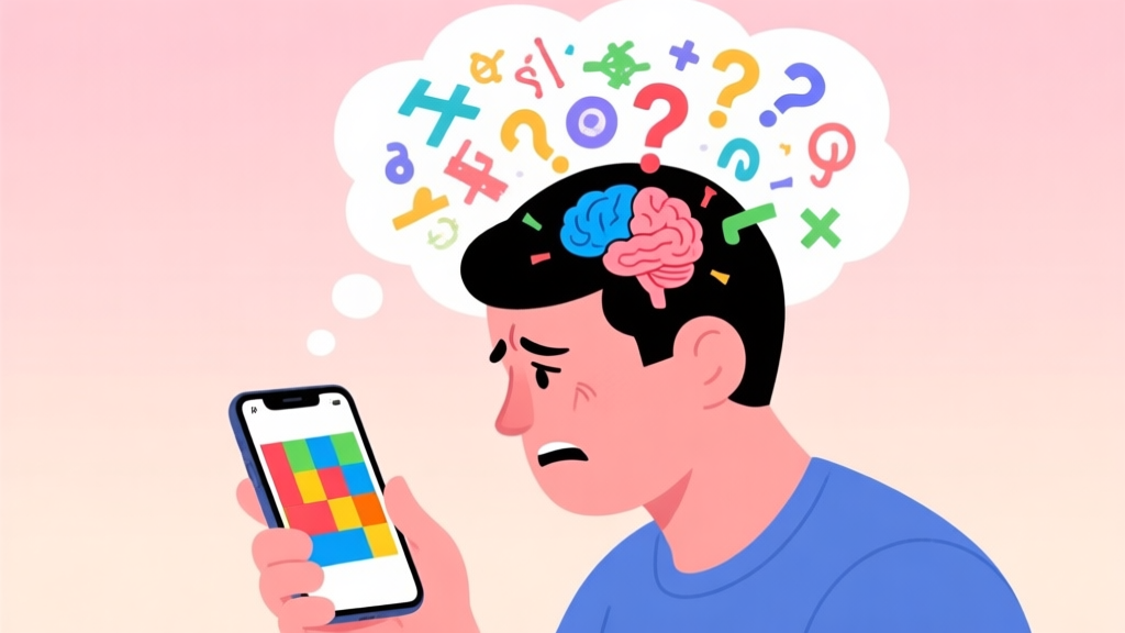 A person looking frustrated at a mobile phone screen showing a colorful brain teaser puzzle, with a thought bubble above their head filled with chaotic symbols and question marks, soft pastel background high quality illustration, detailed, 16:9
