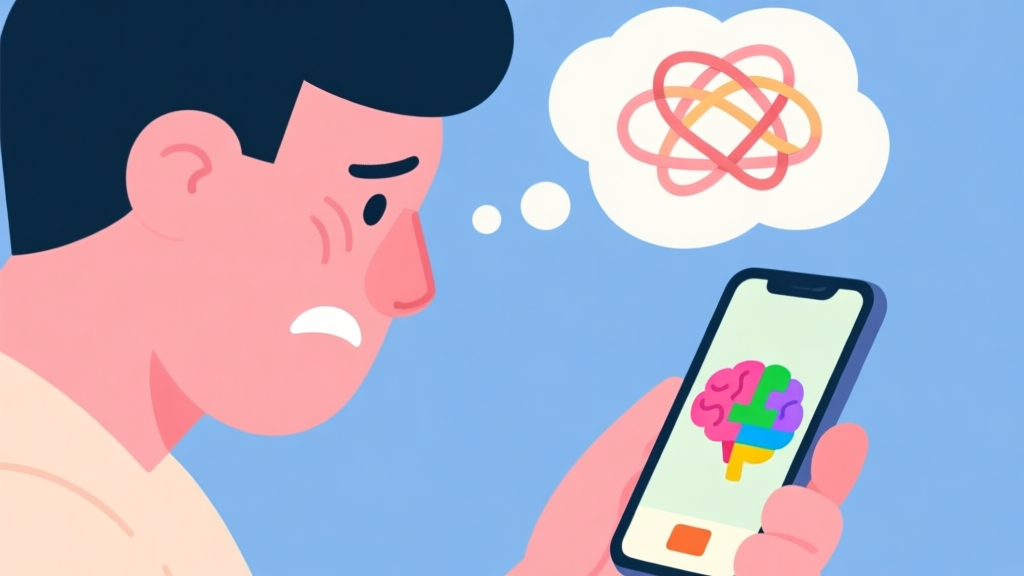 A person staring frustrated at a smartphone screen showing a colorful brain puzzle game, with a thought bubble above their head containing a tangled knot of straight lines, flat illustration style, soft pastel colors high quality illustration, detailed, 16:9