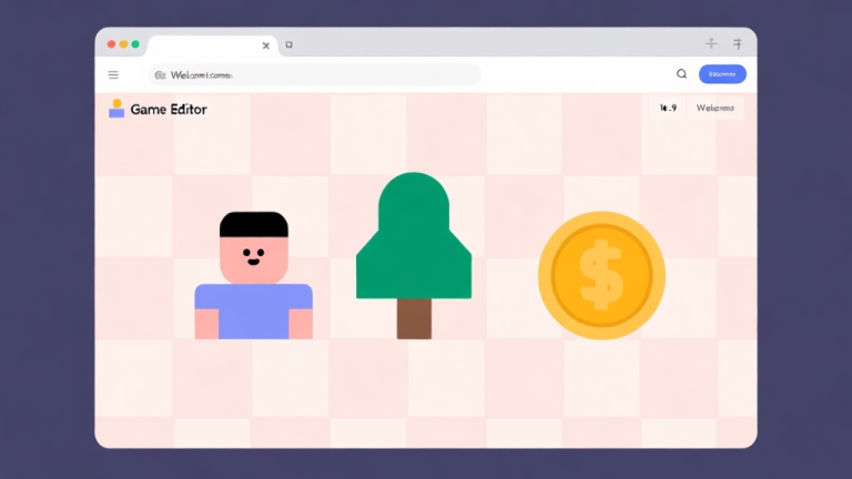 自动生成图片: A welcoming, minimalist game editor interface on a browser, with simple geometric shapes (a character, a tree, a coin) on a soft pastel grid, inviting and not intimidating high quality illustration, detailed, 16:9