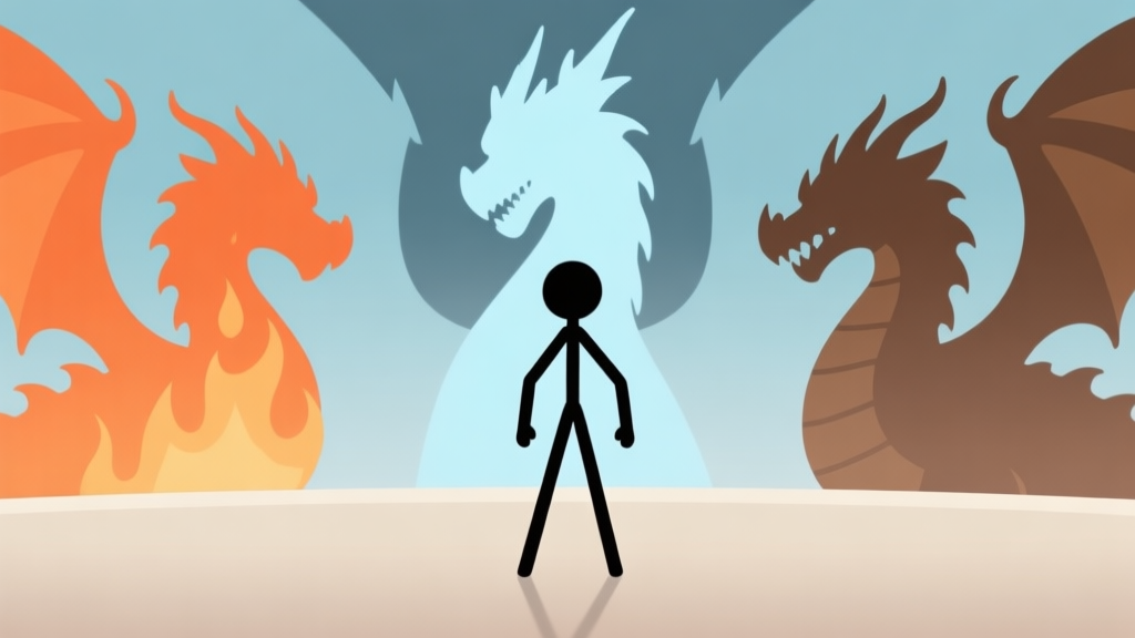 A minimalist illustration of a stickman hero facing three distinct dragon silhouettes (fire, ice, earth) in a neutral arena, soft color palette with muted blues, oranges, and browns high quality illustration, detailed, 16:9