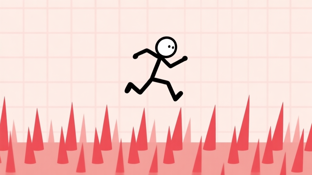 A minimalist game screen showing a simple stick figure character mid-jump over a series of treacherous, moving red spikes, with a faint grid in the background, soft pastel colors, clean lines high quality illustration, detailed, 16:9