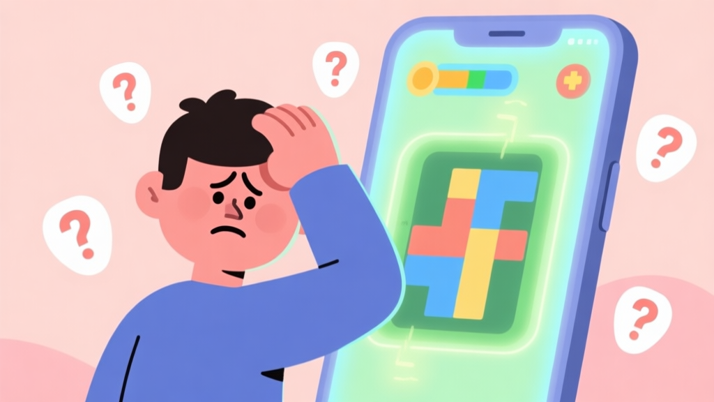 A frustrated cartoon character scratching head in front of a glowing smartphone screen showing a tricky puzzle game level, with question marks floating around, in a flat illustration style with soft pastel colors high quality illustration, detailed, 16:9