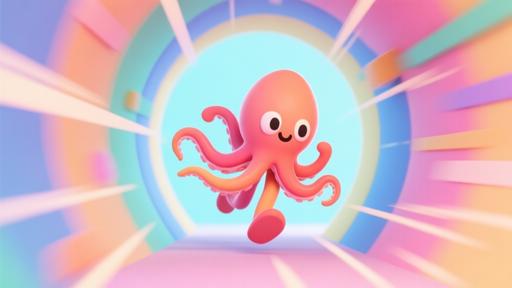 A vibrant, cute squid character mid-dash in a colorful abstract tunnel, with motion blur lines, simple 3D cartoon style, pastel color palette high quality illustration, detailed, 16:9