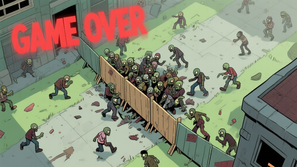 A top-down view of a chaotic zombie defense game scene, showing a poorly placed barricade being overrun by a horde, with a red "GAME OVER" text fading in. Soft color palette with muted greens and greys, comic book style. high quality illustration, detailed, 16:9