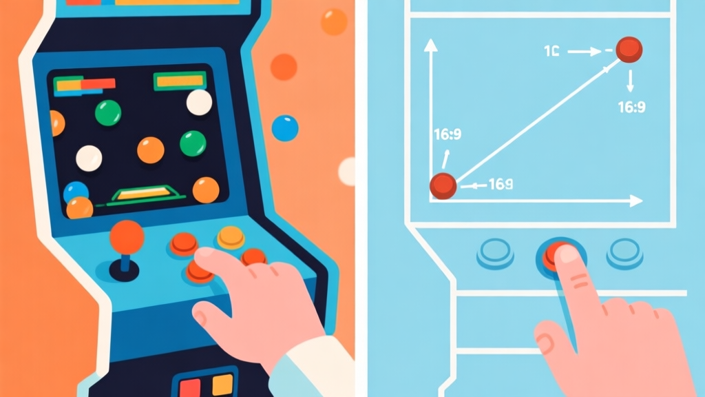 A side-by-side comparison illustration. Left side: chaotic screen of an arcade game with a ball bouncing randomly, player's hand mashing buttons. Right side: a clean, schematic view showing the ball's trajectory with calculated angles and velocity vectors, a calm hand pressing buttons with precise timing. Soft blue and orange color scheme, flat design. high quality illustration, detailed, 16:9