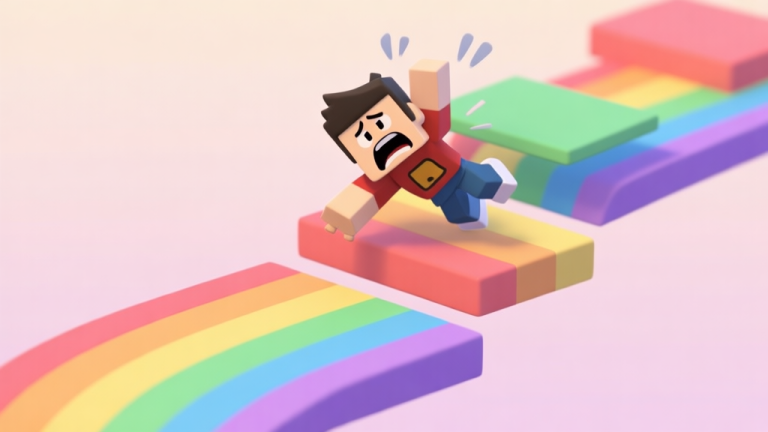 自动生成图片: A frustrated Roblox noob character falling past a series of colorful, simple rainbow platforms, cartoon style with soft pastel colors high quality illustration, detailed, 16:9