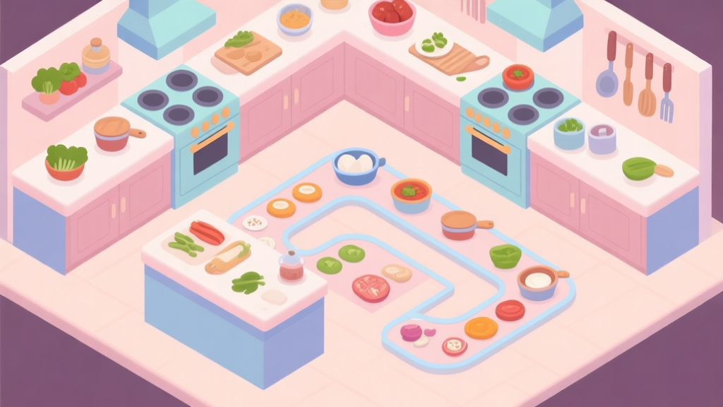 Top-down view of a stylized kitchen in a cooking game, ingredients and tools laid out in an optimized, flowchart-like pattern on counters, soft pastel colors, clean lines high quality illustration, detailed, 16:9