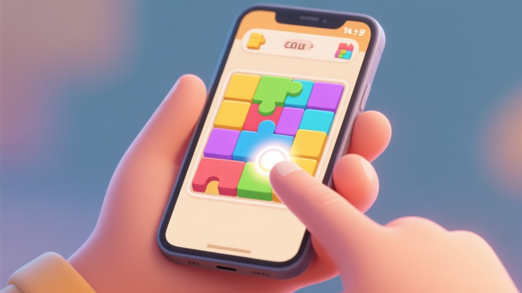 A close-up of a hand holding a smartphone, showing a colorful puzzle game screen filled with blocks. The player's finger is hovering thoughtfully over a potential move, with a subtle glow hinting at the correct solution. Soft, inviting color palette. high quality illustration, detailed, 16:9
