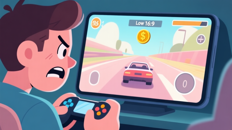 自动生成图片: A frustrated mobile gamer looking at their screen showing a racing game with a car and a low coin balance, soft pastel colors, cartoon style high quality illustration, detailed, 16:9