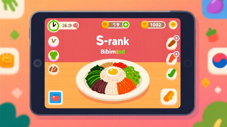 自动生成图片: A vibrant, stylized Korean cooking game interface on a tablet screen, showing a perfect score (S-rank) next to a beautifully plated Bibimbap. The screen is surrounded by playful game icons like timers, ingredient counters, and combo multipliers, in a flat illustration style with warm colors. high quality illustration, detailed, 16:9