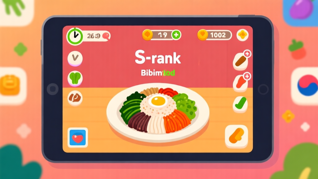 A vibrant, stylized Korean cooking game interface on a tablet screen, showing a perfect score (S-rank) next to a beautifully plated Bibimbap. The screen is surrounded by playful game icons like timers, ingredient counters, and combo multipliers, in a flat illustration style with warm colors. high quality illustration, detailed, 16:9