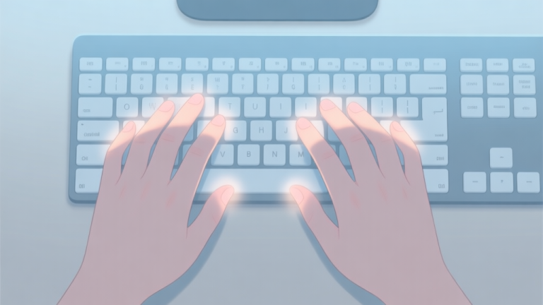 自动生成图片: A top-down view of relaxed hands on a keyboard, with soft glowing highlights on the fingertips, in a calm, minimalist style with a soft blue and grey color palette high quality illustration, detailed, 16:9