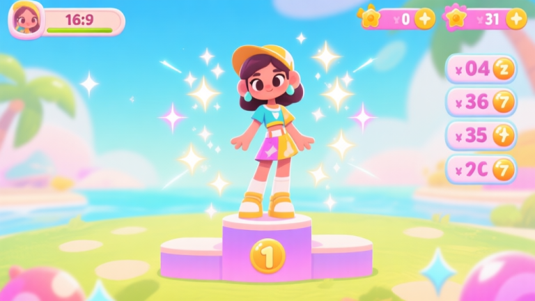 自动生成图片: A vibrant, stylized illustration of a summer-themed fashion game level. A character stands on a podium, surrounded by shimmering score multipliers and hidden sparkles emanating from a seemingly mismatched outfit. The art style is bright, cartoony, and inviting, with a soft pastel color palette. high quality illustration, detailed, 16:9