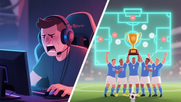 自动生成图片: A split-screen image showing a frustrated gamer on one side and a celebratory virtual football team lifting a trophy on the other, with a tactical formation diagram glowing in the background, soft lighting, muted colors high quality illustration, detailed, 16:9
