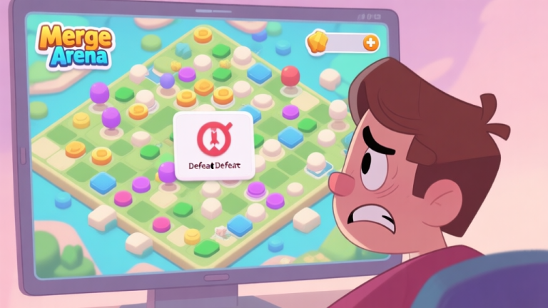 自动生成图片: A frustrated player looking at a Merge Arena game screen showing a chaotic board with mismatched merges and a defeat message, in a soft pastel color palette, cartoon style high quality illustration, detailed, 16:9