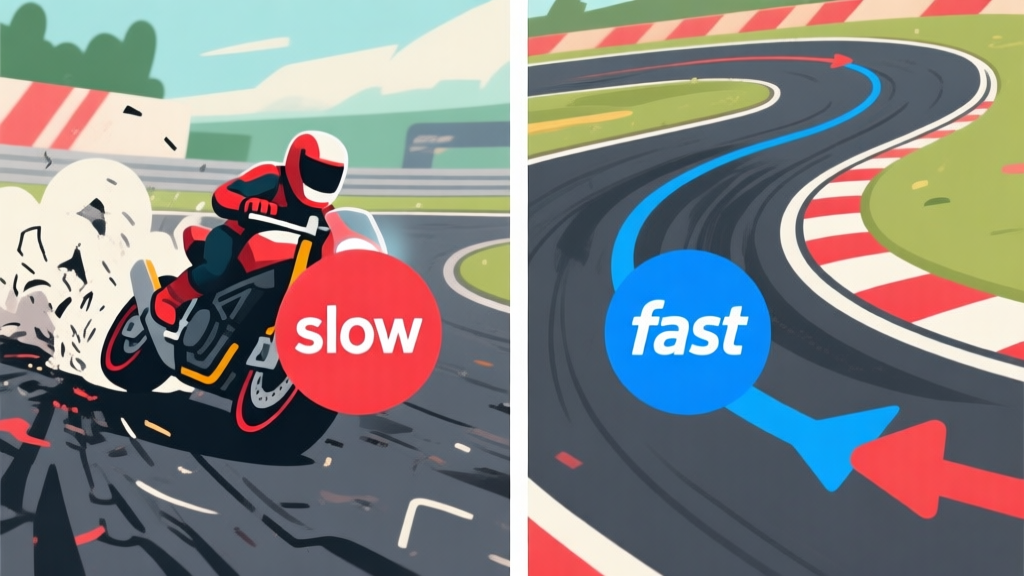 Split-screen illustration showing a motorcycle avatar on a racetrack. Left side shows a messy, wide drift with a red 'slow' icon. Right side shows a tight, controlled drift with a blue 'fast' icon and optimal racing line. Clean vector art, gaming aesthetic. high quality illustration, detailed, 16:9