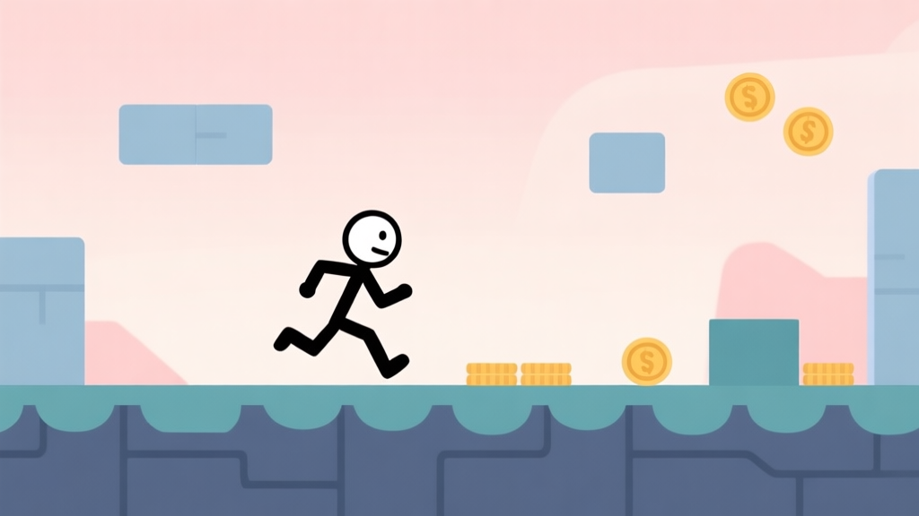 A minimalist game screenshot style of a stick figure character mid-run in a side-scrolling environment, simple geometric obstacles and coins in the background, soft pastel color palette, clean lines high quality illustration, detailed, 16:9