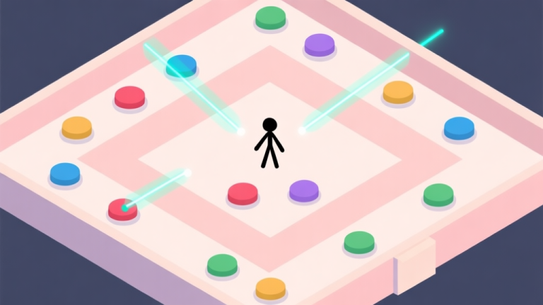 自动生成图片: A minimalist, top-down view of a complex Stickman Crazy Box puzzle level with multiple colored buttons, lasers, and a tiny stickman figure in the center, soft pastel colors, clean lines, flat design high quality illustration, detailed, 16:9
