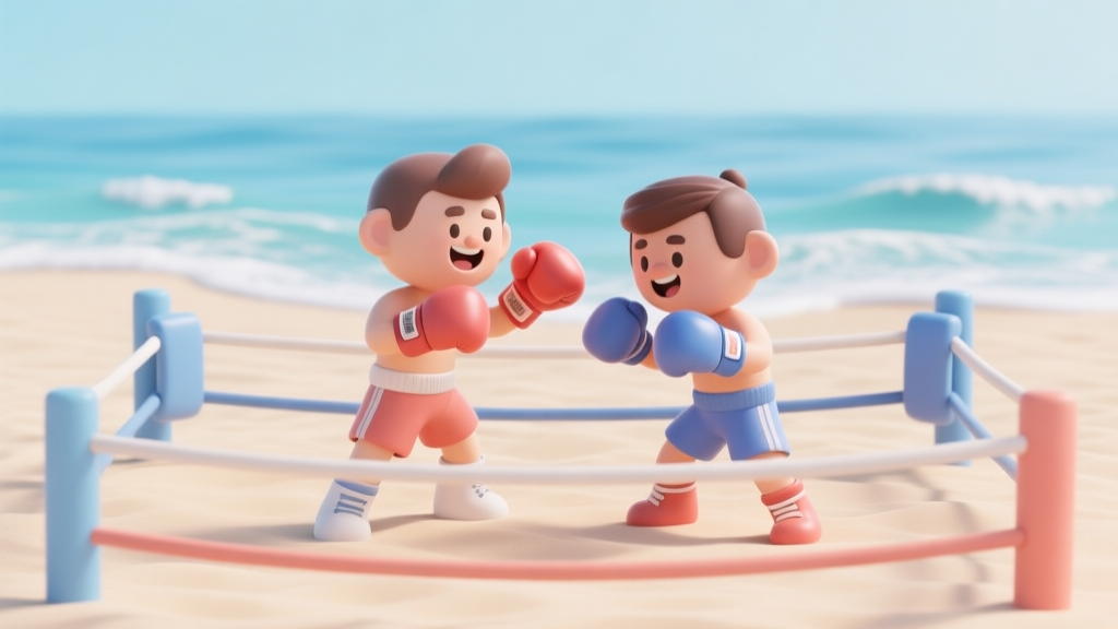 A cheerful, stylized 3D render of a beach boxing ring with soft sand, gentle ocean waves in the background, and two cartoon boxers in a dynamic pose, using a soft color palette of light blues, beige, and coral. high quality illustration, detailed, 16:9