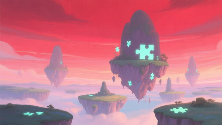 自动生成图片: A surreal, dreamlike landscape under a deep red sky, with impossible floating islands and subtle, glowing puzzle elements hidden in the environment, soft pastel color palette, painterly style high quality illustration, detailed, 16:9