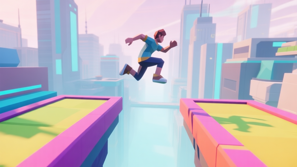 A dynamic, low-poly 3D game scene showing a stylized character mid-jump between two brightly colored platforms in a futuristic city, viewed from a third-person perspective, soft pastel color palette, clean lines high quality illustration, detailed, 16:9