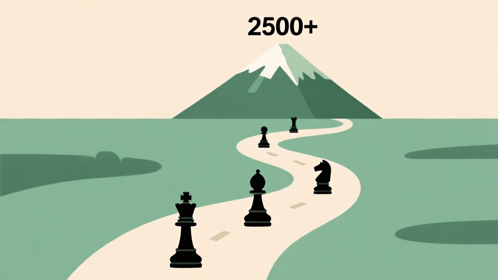 A minimalist roadmap illustration with chess pieces on a winding path leading to a mountain peak labeled "2500+", soft beige and green color scheme, flat design high quality illustration, detailed, 16:9
