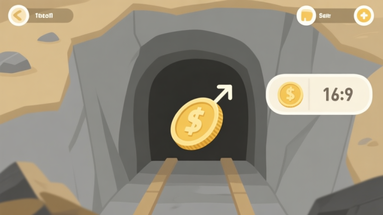 自动生成图片: A serene, minimalist game interface showing a simple mining shaft with a gently rising coin counter, soft gold and grey color palette, clean lines, idle game aesthetic high quality illustration, detailed, 16:9