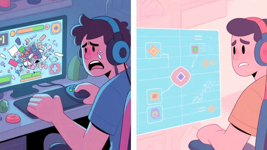 A split-screen illustration showing a frustrated player on the left with a messy game screen, and a confident player on the right with a clear, analytical overlay highlighting patterns and hidden objects, in a soft pastel game art style high quality illustration, detailed, 16:9