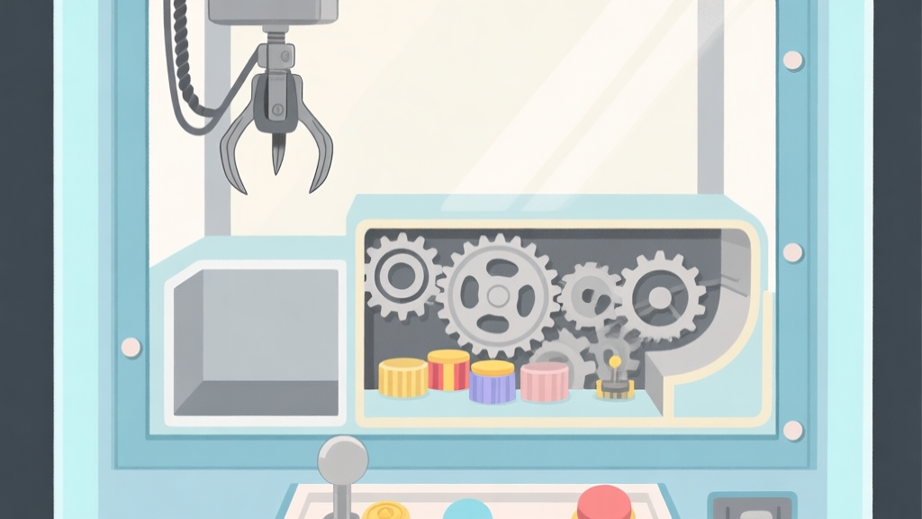 A detailed cross-section illustration of a claw machine's internal mechanism, showing gears, the claw grip, and prize positioning, in a soft pastel color palette with light blues and greys high quality illustration, detailed, 16:9