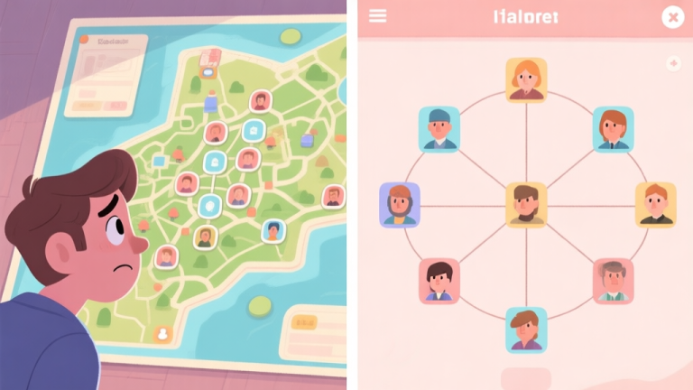 自动生成图片: A split-screen illustration showing a confused player looking at a complex game map on one side, and a clear, organized character relationship chart with portraits and connecting lines on the other side, in a soft pastel color palette high quality illustration, detailed, 16:9