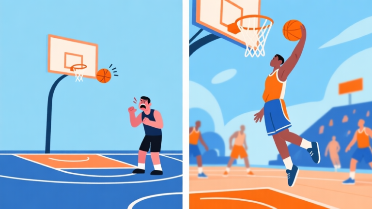 自动生成图片: A split-screen illustration showing contrast: left side shows a frustrated player missing a shot on a simple basketball court, right side shows a confident player executing a perfect dunk in a dynamic game scene, flat design style with soft blues and oranges high quality illustration, detailed, 16:9