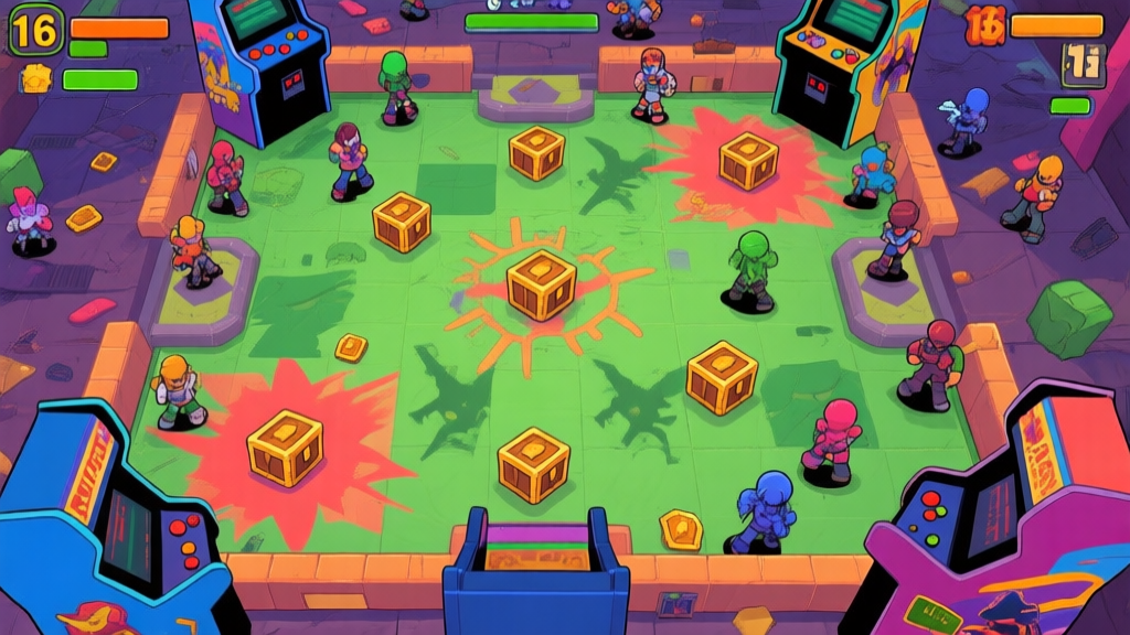 Top-down view of a chaotic game arena map, showing multiple players spawning at the edges, loot crates scattered in the center, and danger zones closing in, in a vibrant arcade game art style high quality illustration, detailed, 16:9