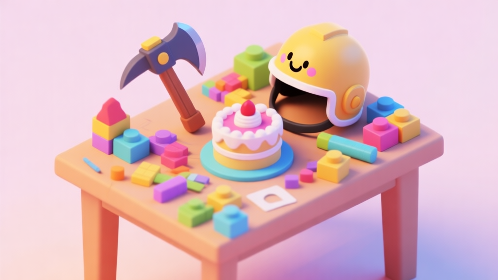 A vibrant, playful isometric scene of a chaotic yet charming crafting table. On it, bizarre but cute items like a smiling pickaxe and a cake-shaped helmet are being assembled from colorful blocks, against a soft pastel background. high quality illustration, detailed, 16:9