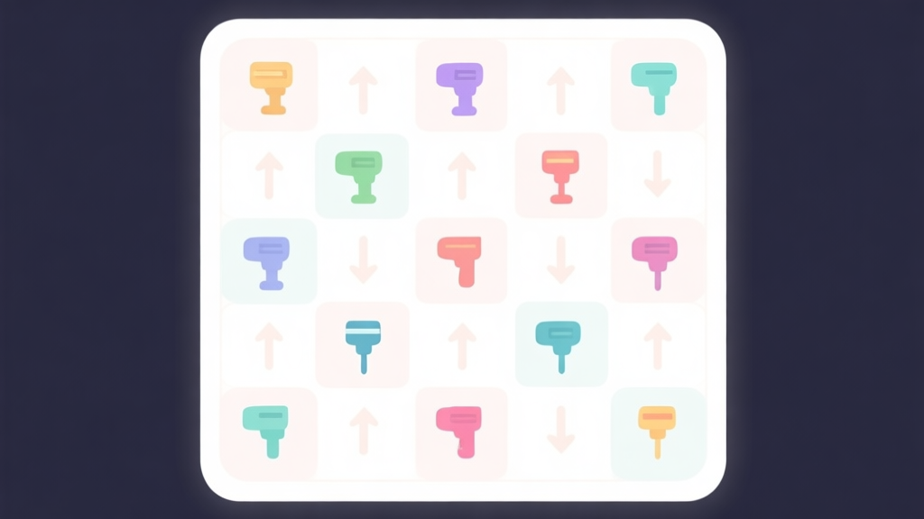 A calming, minimalist game interface illustration showing a grid with various colored drill icons in a soft pastel palette, with faint merge arrows pointing between them, on a clean white background high quality illustration, detailed, 16:9