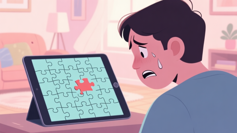 自动生成图片: A frustrated player looking at a complex, nearly completed jigsaw puzzle on a tablet screen, with one missing piece highlighted, in a cozy room setting, soft pastel colors high quality illustration, detailed, 16:9