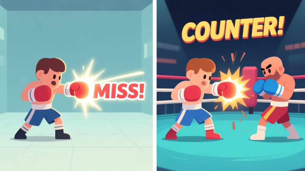 Side-by-side comparison of a missed special shot versus a successful one in a cartoon boxing game. Left side shows a character whiffing a glowing punch in empty space, with a "MISS" text. Right side shows the same punch landing after an opponent's attack is blocked, with "COUNTER!" text. Clean, game UI-style illustration. high quality illustration, detailed, 16:9
