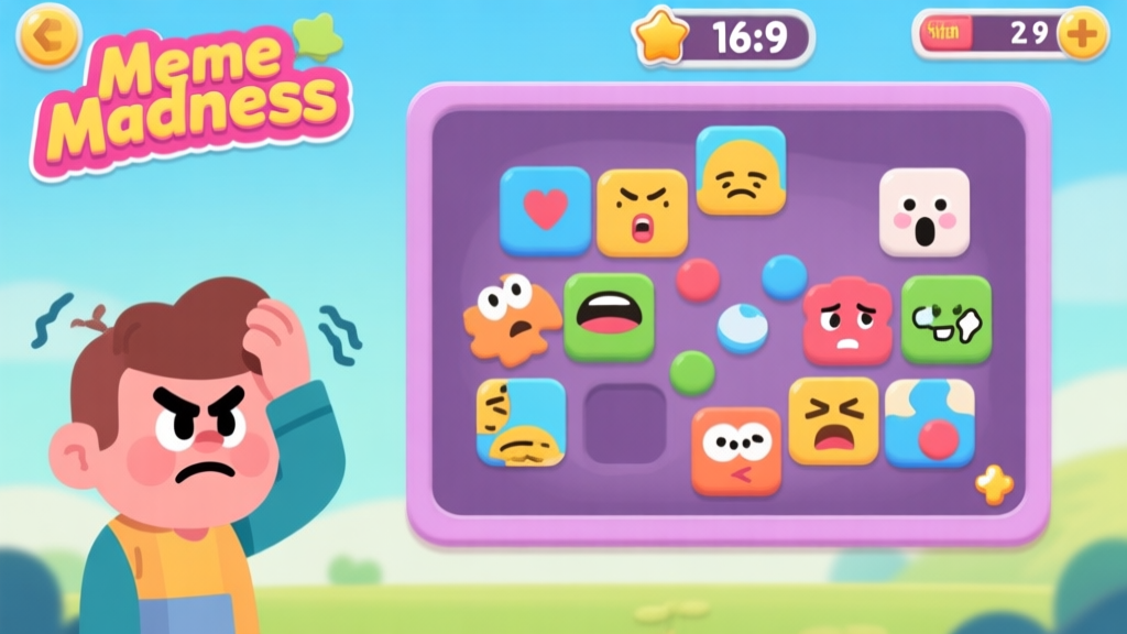 A vibrant, playful mobile game interface showing a 'Meme Madness' puzzle level with mismatched meme tiles, a frustrated cartoon character scratching its head, and a high score counter in the background, in a flat illustration style with soft colors high quality illustration, detailed, 16:9