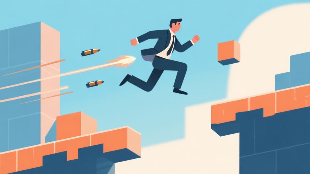 A stylized, minimalist side-view of a game level with a character in a suit mid-air, slow-motion bullet trails, and geometric obstacles, using a soft color palette of blues and oranges high quality illustration, detailed, 16:9