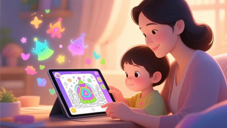 自动生成图片: A cozy scene of a parent and young child collaborating on a tablet showing a magical coloring book app, with whimsical colors floating off the screen, soft warm lighting, digital art style high quality illustration, detailed, 16:9