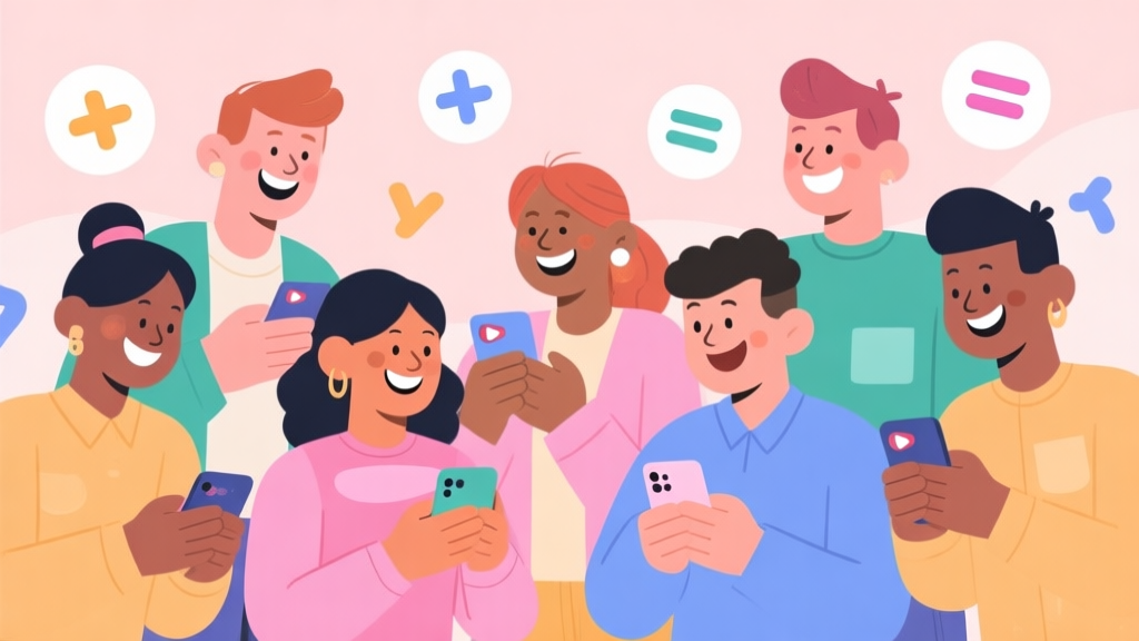 A welcoming scene of a diverse group of people smiling and interacting on their devices during a live online quiz, with playful math symbols like plus and equals floating in the background, soft pastel colors high quality illustration, detailed, 16:9