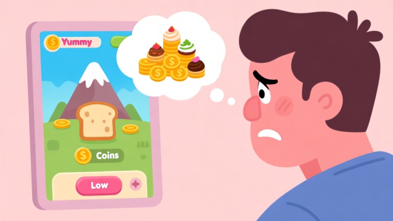 自动生成图片: A frustrated player looking at their Yummy Toast game screen showing low coins, with a thought bubble showing a mountain of coins and unlocked toppings, in a soft pastel color palette, flat illustration style high quality illustration, detailed, 16:9