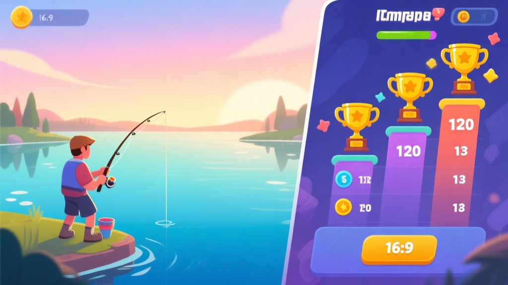 A vibrant, stylized illustration of a competitive fishing game interface. On one side, a serene lake with a player character. On the other, a dynamic leaderboard showing rising ranks, with trophy icons and score multipliers popping up. Soft gradient background of dawn sky colors. high quality illustration, detailed, 16:9
