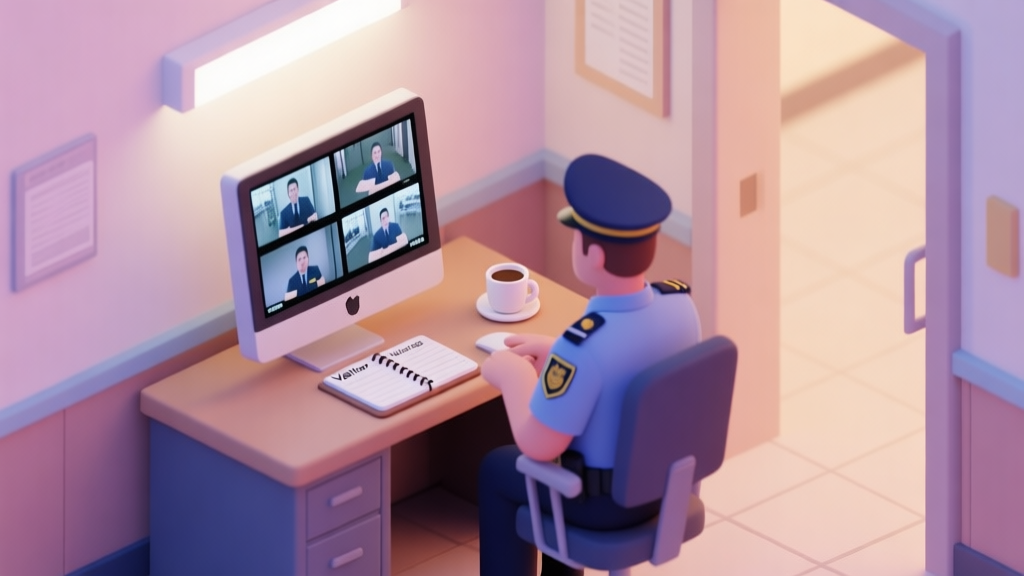 A cozy, isometric view of a security guard desk inside a hall, with a computer monitor showing multiple CCTV feeds, a visitor logbook, and a cup of coffee. Soft lighting, pastel color palette. high quality illustration, detailed, 16:9