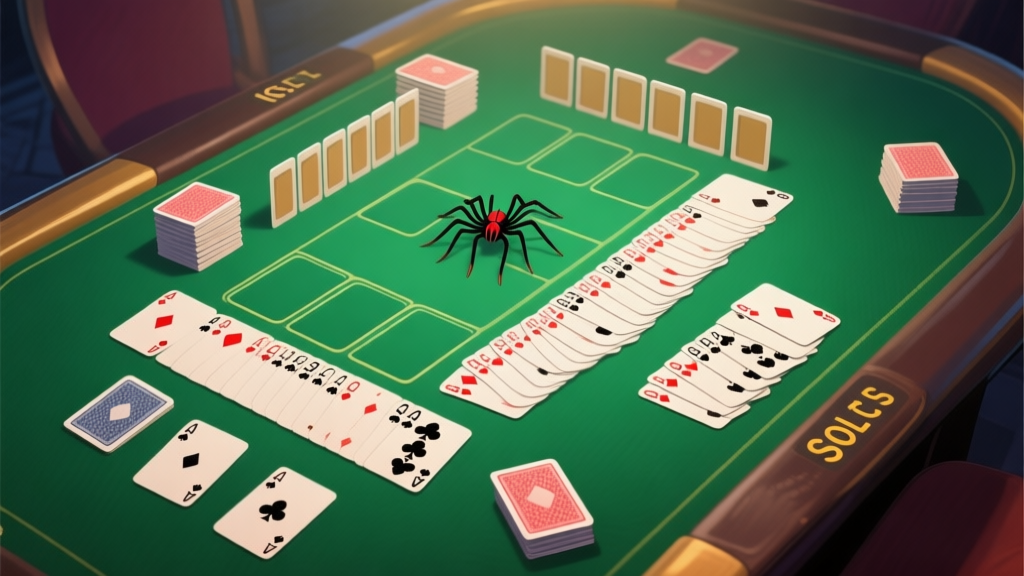 A top-down view of a complex Spider Solitaire CTL layout on a virtual green felt table, cards partially stacked and fanned out, with a few empty columns highlighted, soft lighting, digital art style high quality illustration, detailed, 16:9