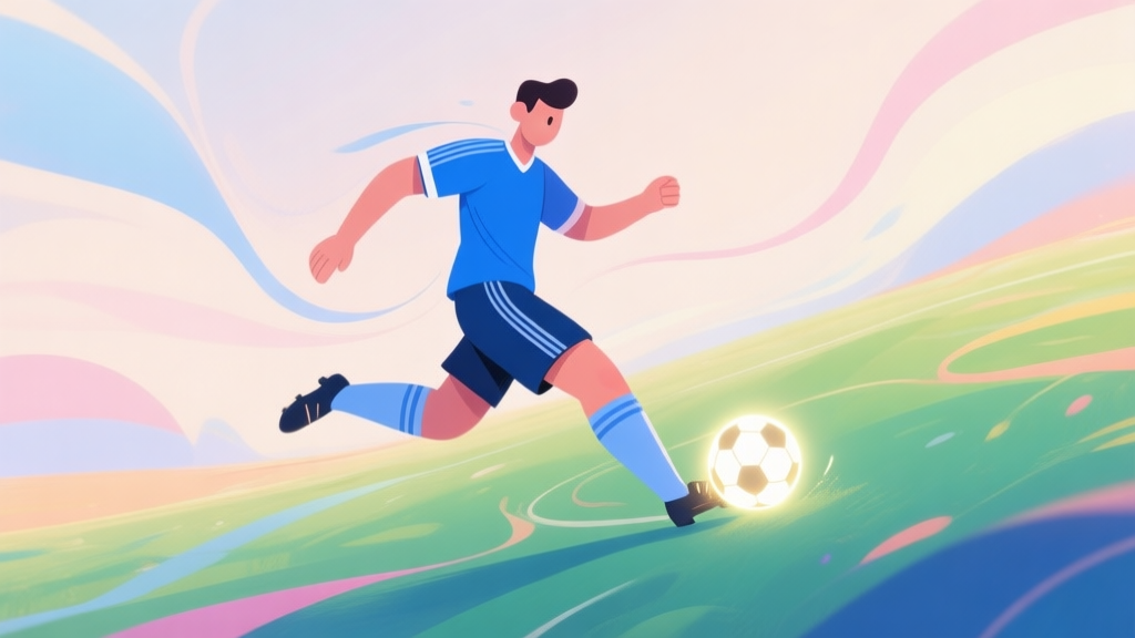 A stylized, playful illustration of a soccer player in a blue jersey effortlessly dribbling a glowing soccer ball on a vibrant, abstract field. The player's motion is depicted with smooth, flowing lines, emphasizing fluidity and control. Soft pastel color palette. high quality illustration, detailed, 16:9