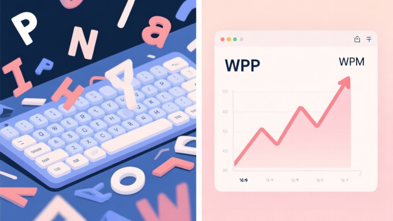 自动生成图片: A split-screen illustration showing a chaotic keyboard with flying letters on one side, and a calm, organized typing interface with a rising graph of WPM on the other, in a soft pastel color scheme high quality illustration, detailed, 16:9