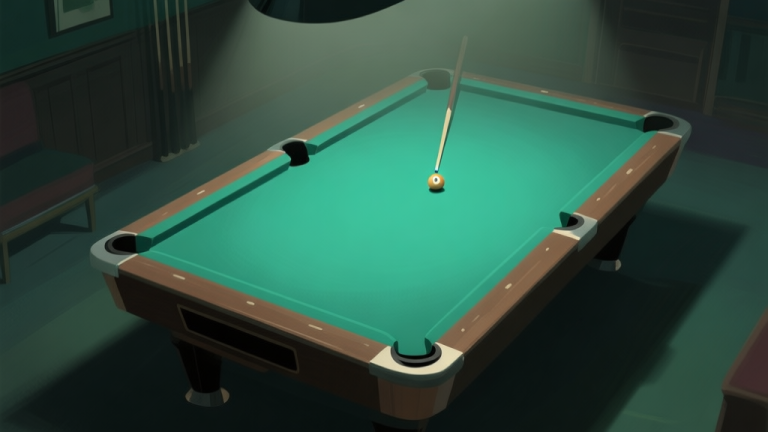 自动生成图片: A top-down view of a stylized billiard table in a dimly lit room, with a single cue ball positioned for a difficult combination shot, soft shadows and muted green felt, digital art style high quality illustration, detailed, 16:9